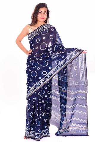Blue & White Polka Dot Chanderi Silk Handblock Printed Saree