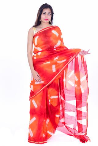 Orange Chanderi Silk with Bagru Printed Saree