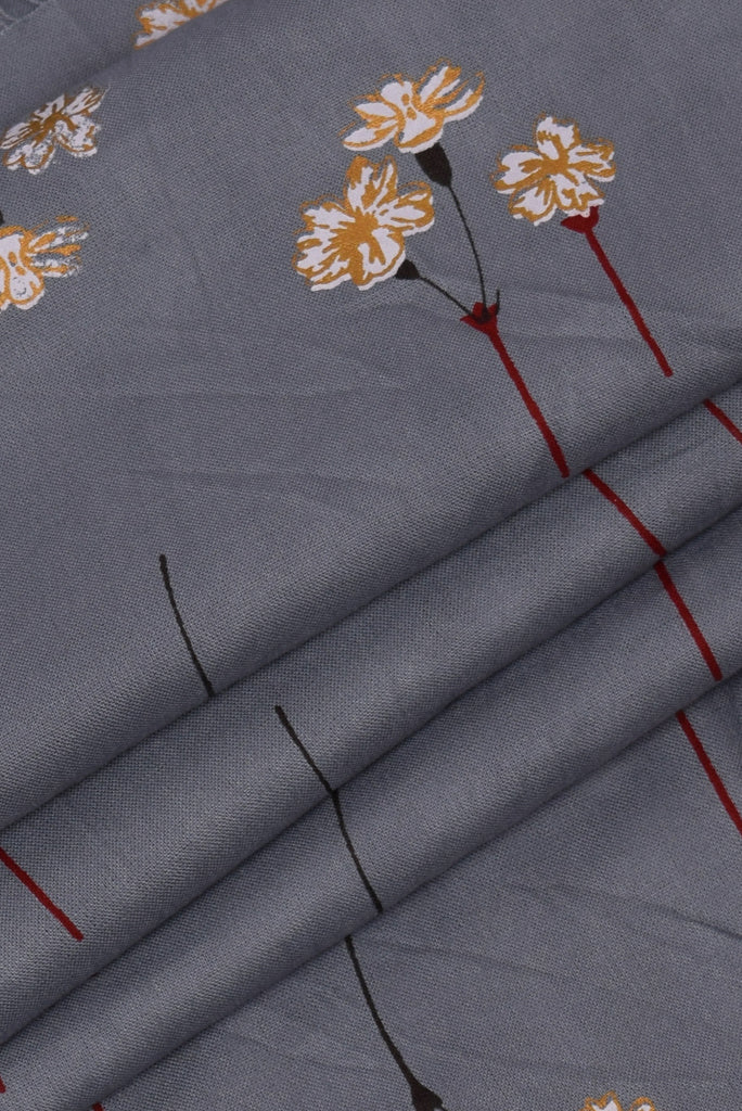 Grey Gold Flower Rayon Screen Print Fabric