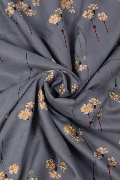 Grey Gold Flower Rayon Screen Print Fabric