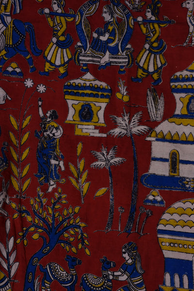 Falu Red Human & Animal Print Kalamkari Fabric