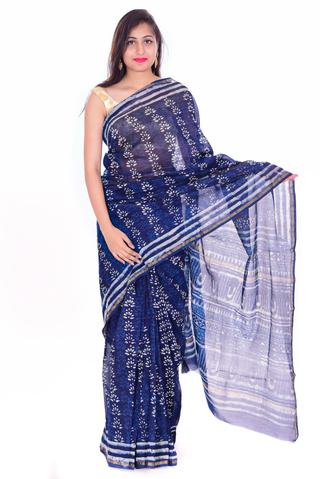 Blue Floral Printed Chanderi Silk Handblock Saree