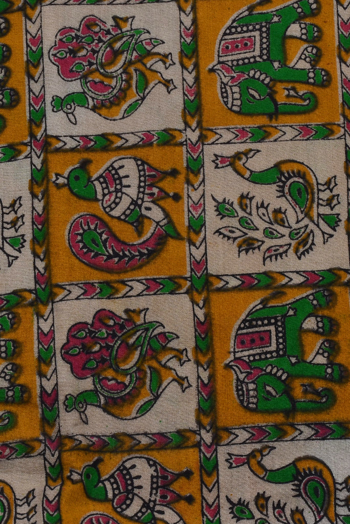 Tenne Elephant & Peacock Print Kalamkari Fabric