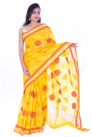 Yellow with red n golden Tree Kanchan Muga Silk Saree
