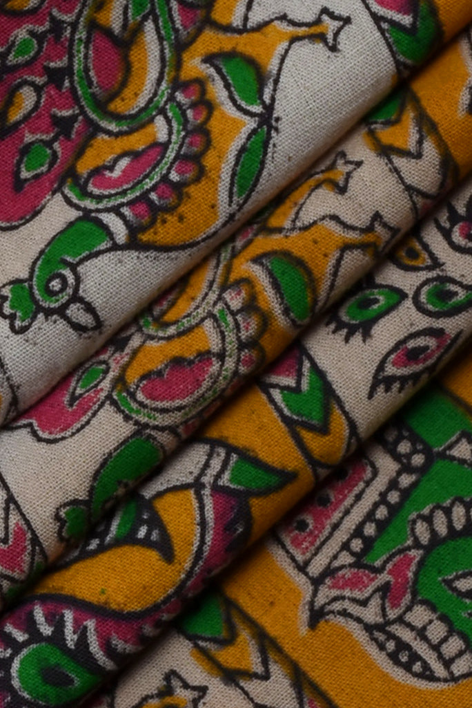 Tenne Elephant & Peacock Print Kalamkari Fabric
