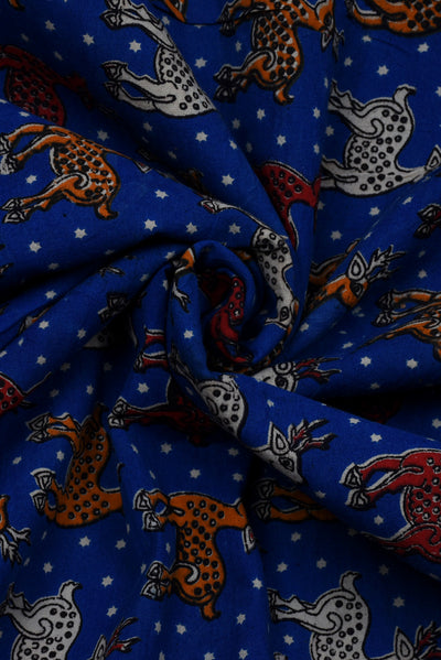 Sapphire Deer Print Kalamkari Fabric