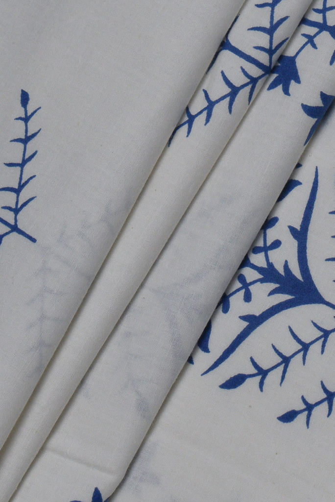(Cut Piece 0.35 Mtr) White Leaf Print Cotton Fabric