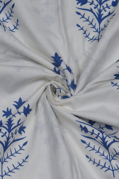 (Cut Piece 0.35 Mtr) White Leaf Print Cotton Fabric