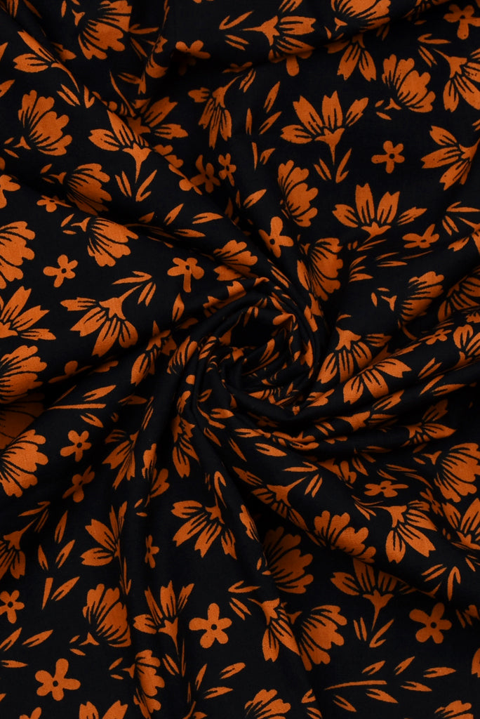 Orange Flower Screen Print Cotton Fabric