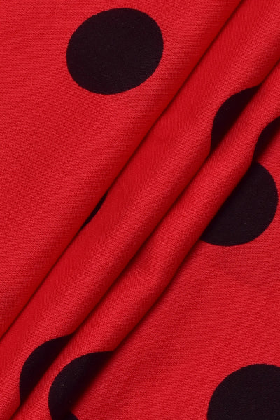 (Cut Piece 0.50 Mtr) Red & Black Polka Dots Print Rayon Fabric