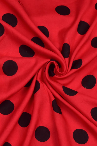 (Cut Piece 0.50 Mtr) Red & Black Polka Dots Print Rayon Fabric