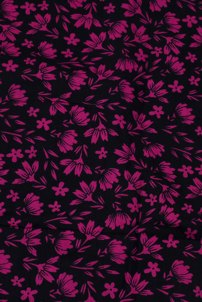 Dark Pink Flower Screen Print Cotton Fabric