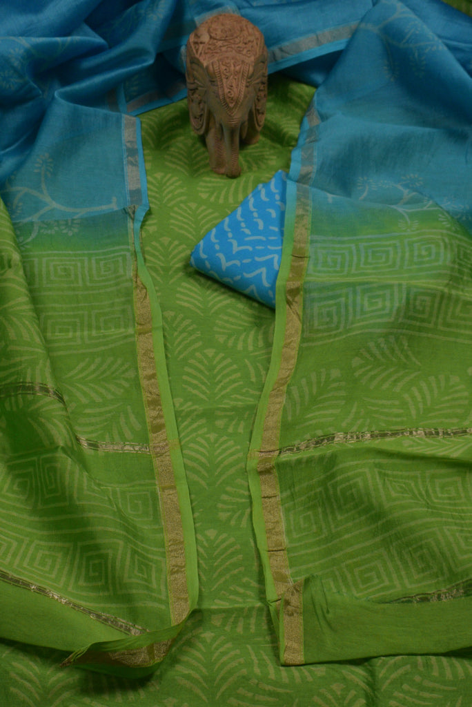 Green & Blue Flower Print Chanderi Unstitched Suit Set with Chanderi Dupatta