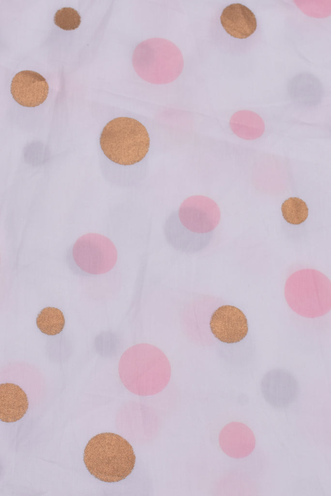 (Cut Piece 0.70 Mtr) White & Pink Polka Dots Print Rayon Fabric