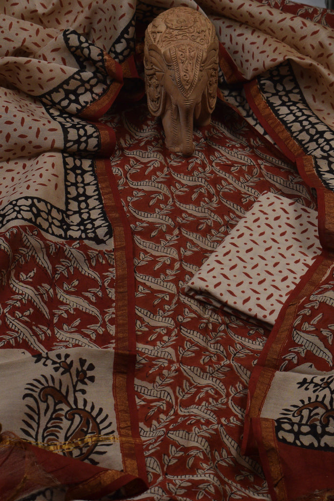 Brown Flower Print Chanderi Unstitched Suit Set with Chanderi Dupatta