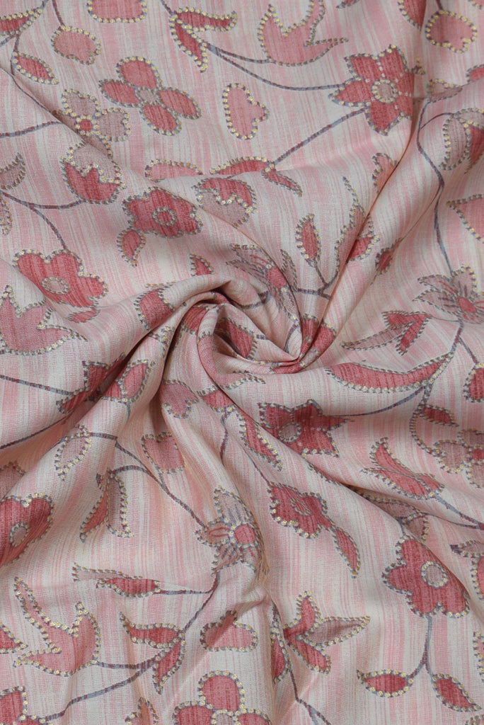 Pink Flower Print Muslin Gold Fabric