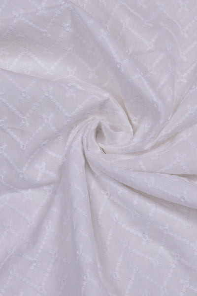White Lucknawi Kashida Work Cotton Fabric