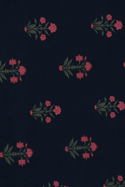 Dark Black Flower Print Cotton Fabric