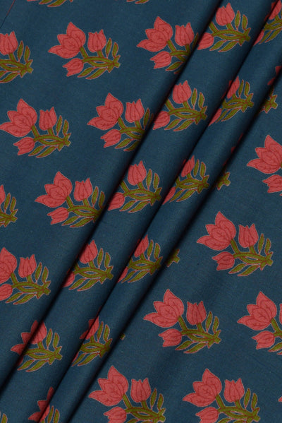 Dark Blue & Pink Flower Print Cotton Fabric