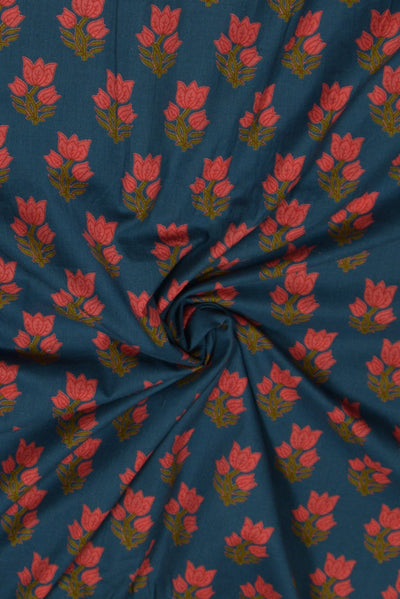 Dark Blue & Pink Flower Print Cotton Fabric