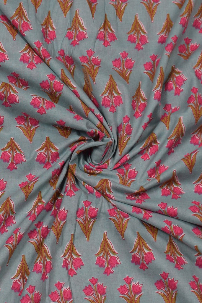 Gray & Pink Flower Print Cotton Fabric