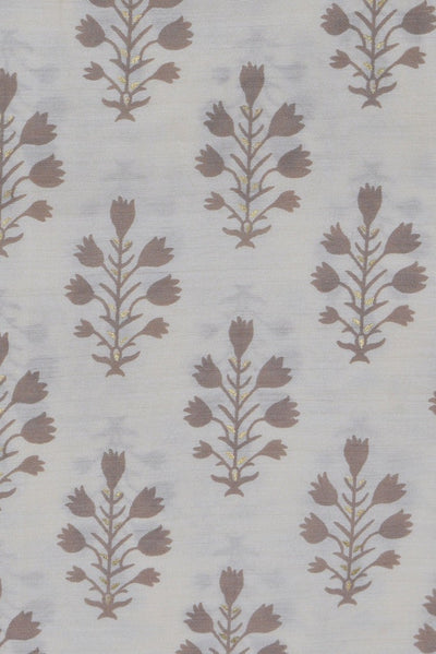 (Cut Piece 0.45 Mtr) White Flower Print Muslin Gold Fabric