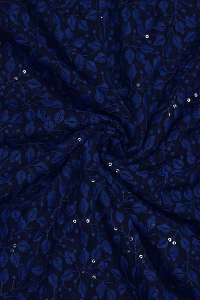 Blue Flower Print Lucknawi Kashida Work Georgette Fabric