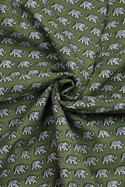 Green Elephant Print Cotton Fabric
