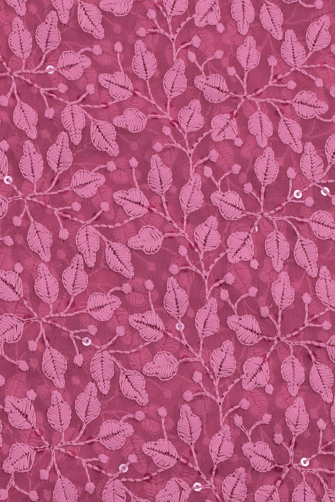 Dark Pink Flower Print Lucknawi Kashida Work Georgette Fabric