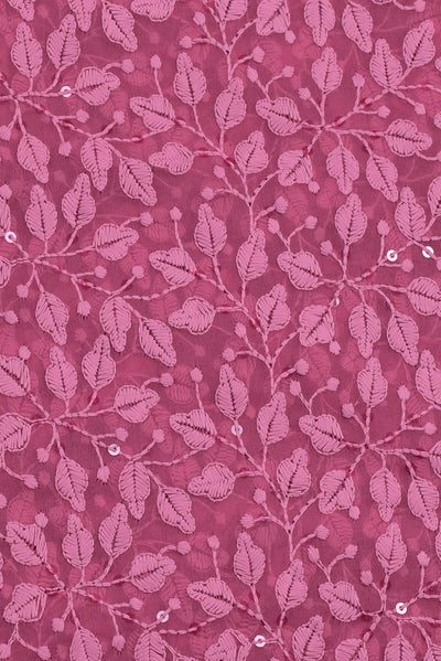Dark Pink Flower Print Lucknawi Kashida Work Georgette Fabric