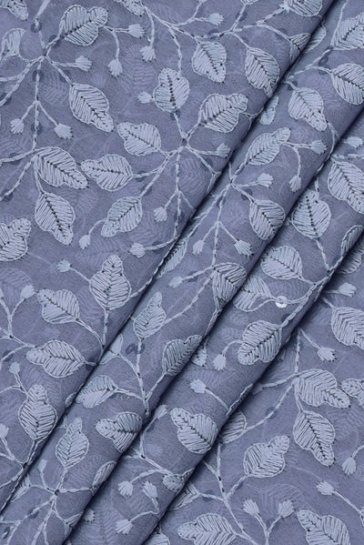 Gray Flower Print Lucknawi Kashida Work Georgette Fabric