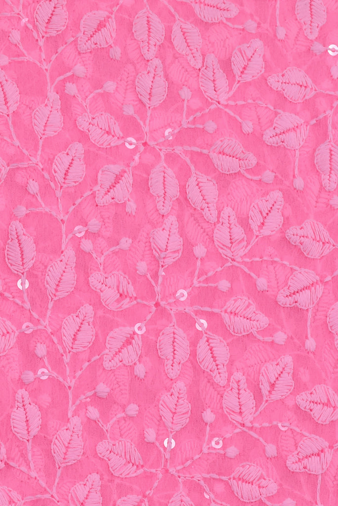 Pink Flower Print Lucknawi Kashida Work Georgette Fabric