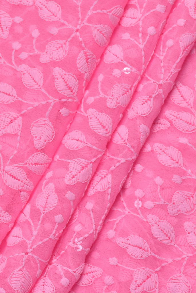 Pink Flower Print Lucknawi Kashida Work Georgette Fabric