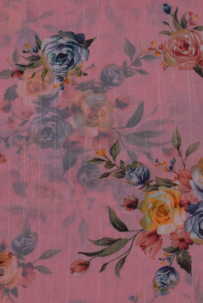 Pink Flower Print Fancy Georgette Fabric with Gold Line