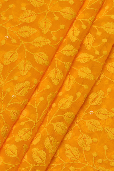 Yellow Flower Print Lucknawi Kashida Work Georgette Fabric