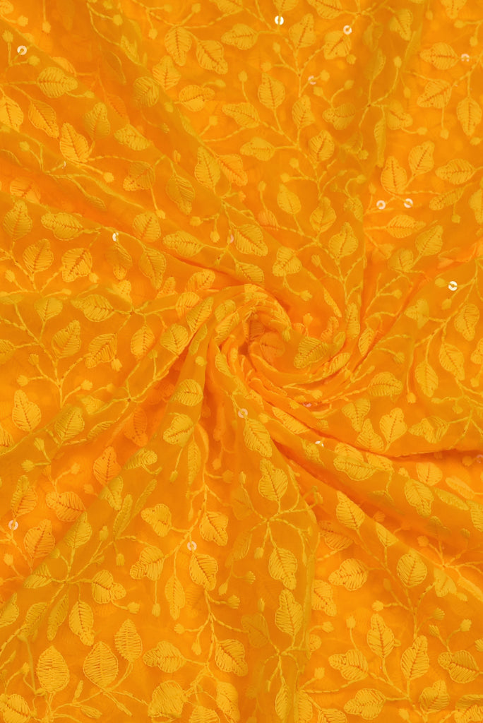 Yellow Flower Print Lucknawi Kashida Work Georgette Fabric