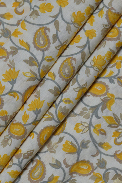 Yellow Flower Print Muslin Gold Fabric
