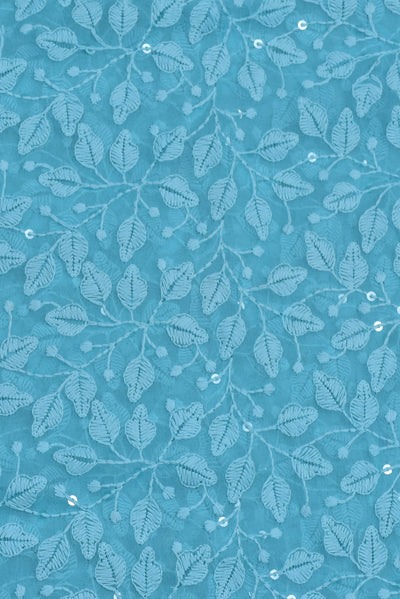 Blue Flower Print Lucknawi Kashida Work Georgette Fabric