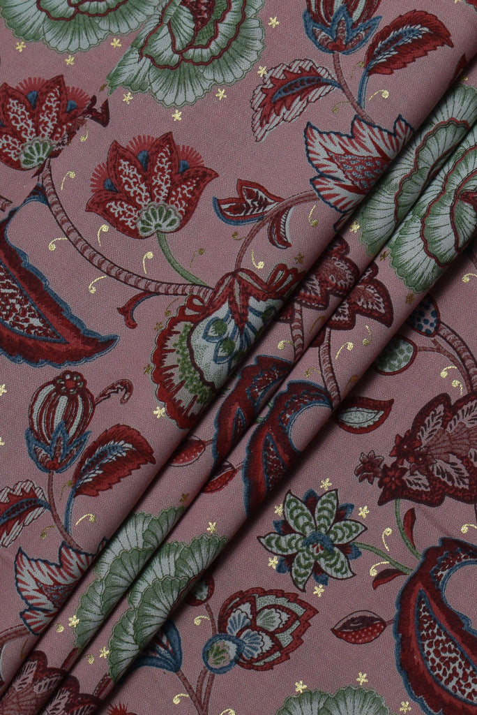 Dark Pink Flower Print Muslin Gold Fabric