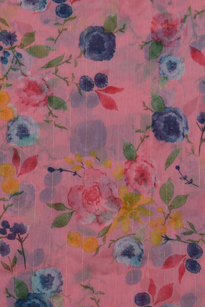 Pink Flower Print Fancy Georgette Fabric with Gold Line