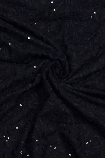 (Cut Piece 0.65 Mtr) Black Flower Print Lucknawi Kashida Work Georgette Fabric