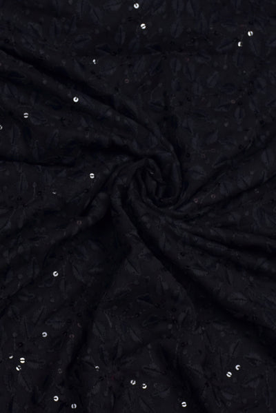 Black Flower Print Lucknawi Kashida Work Georgette Fabric