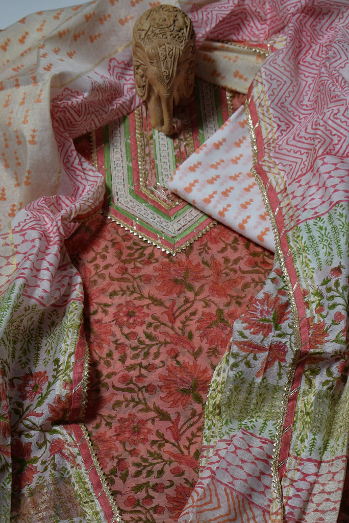 Red Flower Print Heavy Work Cotton Unstitched Suit Set with Dupatta