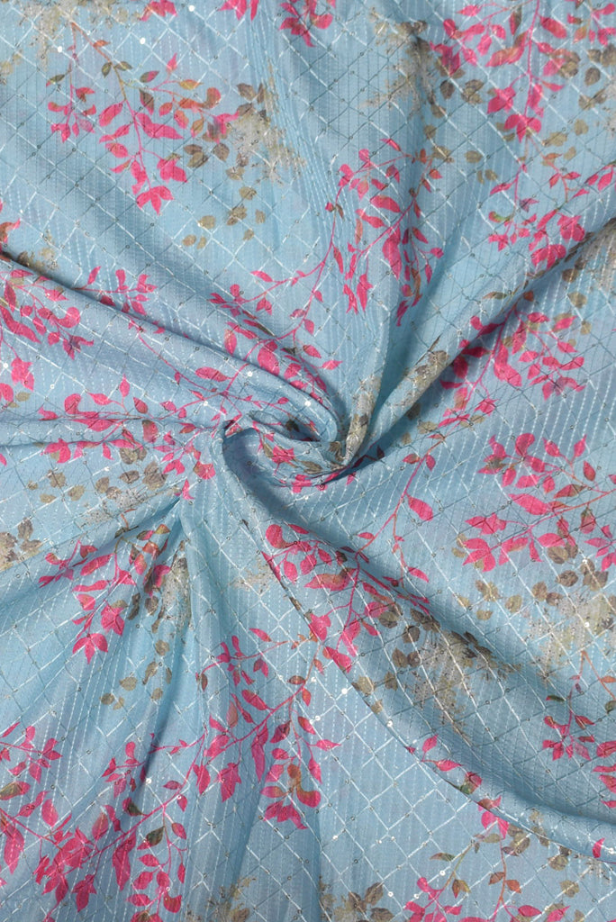 Sky Blue Flower Print Lakme Forever Embroidery Work Fabric