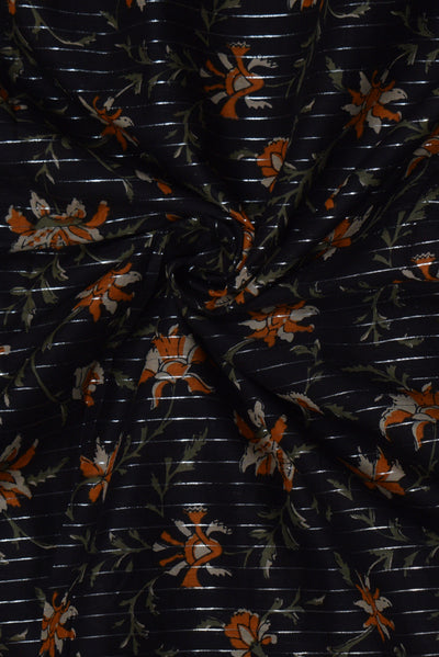 Black Flower Print Cotton Lurex Fabric