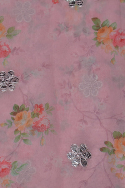 Pink Flower Gotta Patti Work Georgette Fabric