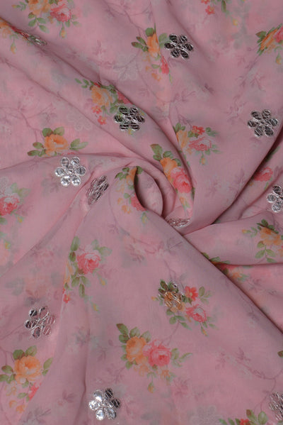 Pink Flower Gotta Patti Work Georgette Fabric