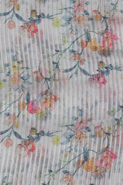White Flower Print Astha Jari Shifli Fabric
