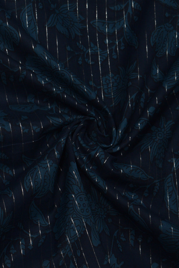 Blue Flower Print Cotton Lurex Fabric