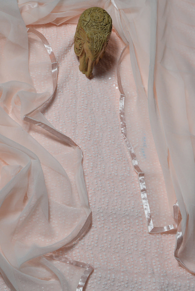 Peach Chikan Work Cotton Unstitched Suit Set with Dupatta